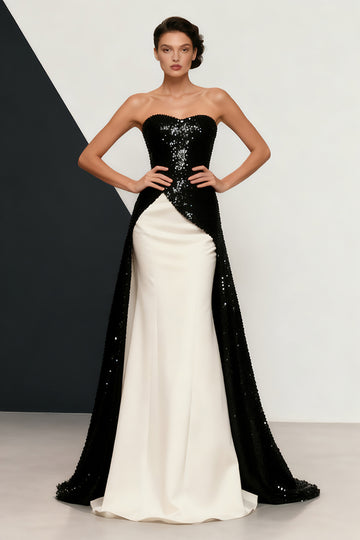 Sparkly Black White Strapless Sequins Mermaid Evening Dress